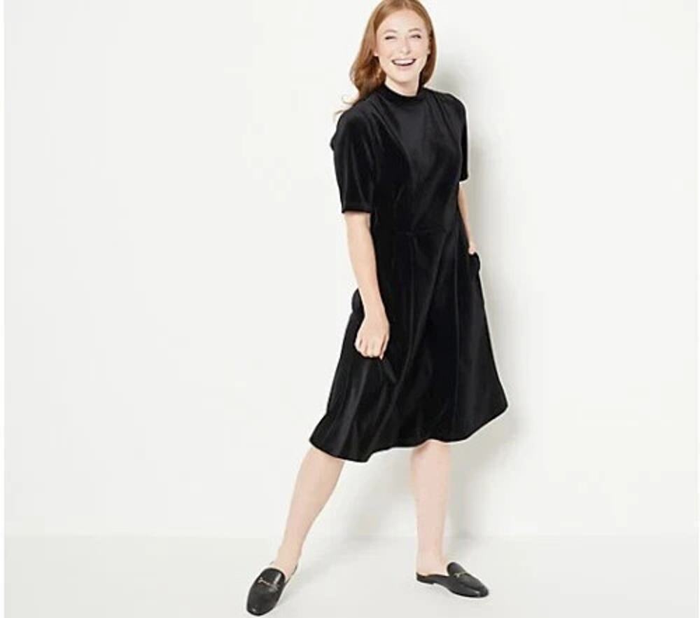 Isaac Mizrahi Velvet Dress Size 1 2 Black Fit & Flare Mock Neck Pockets Party